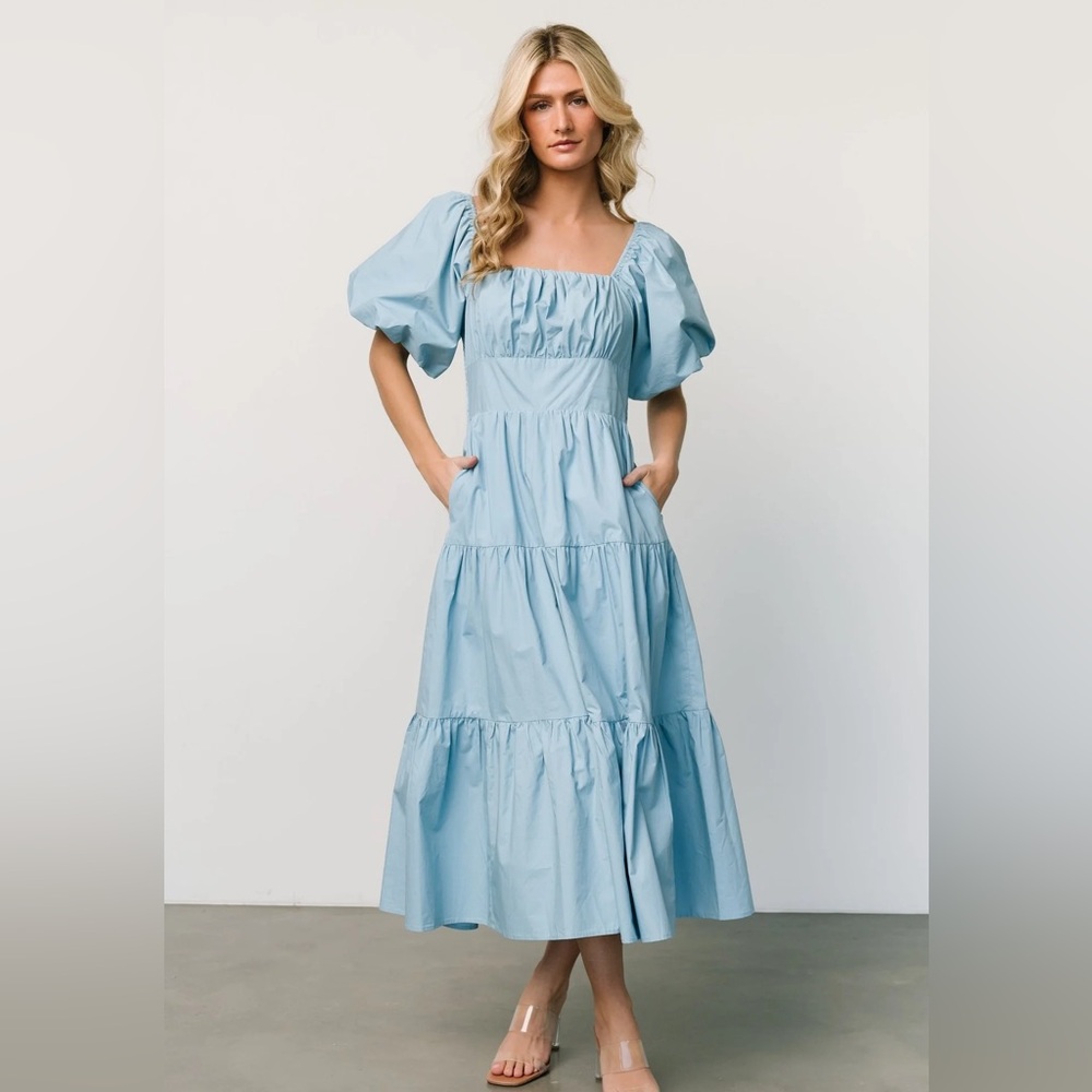 Baltic Born Pale Blue Midi Puff Sleeve Dress